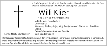 Traueranzeige von Willi Klier von Pegnitz-Zeitung
